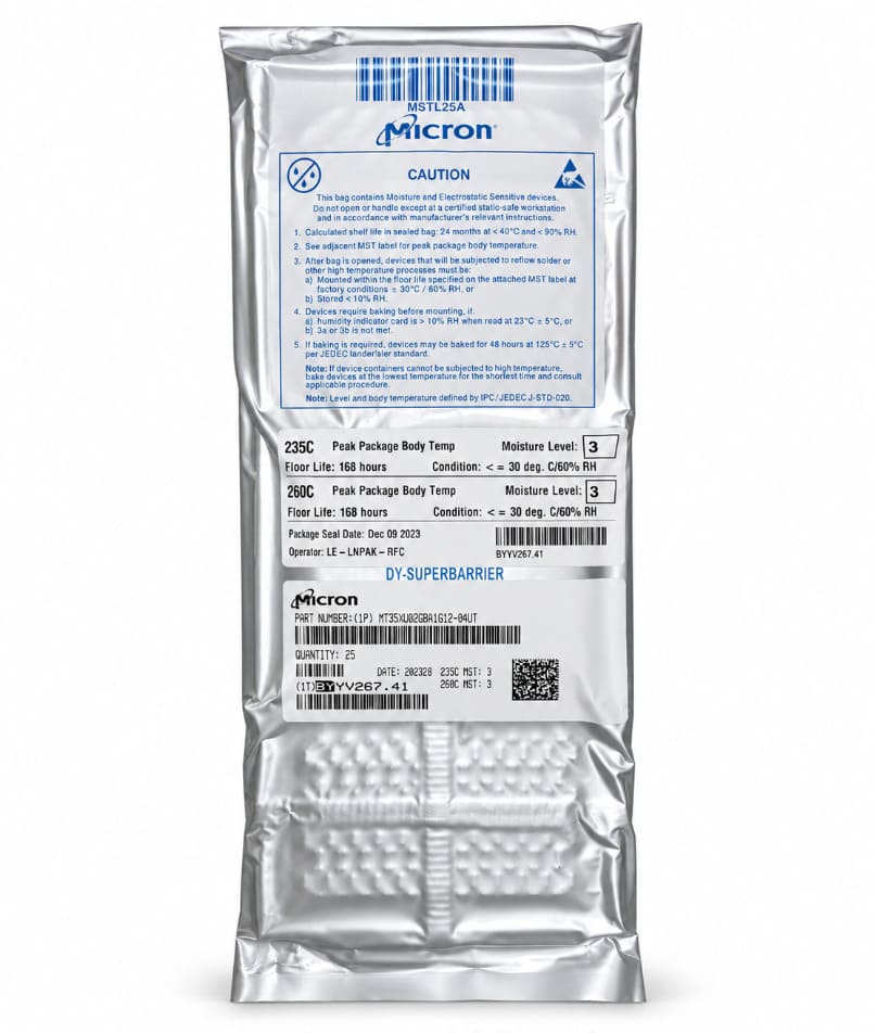 Actual supplied moisture-barrier bag photograph. Packaging example; lot availability needs confirmation.