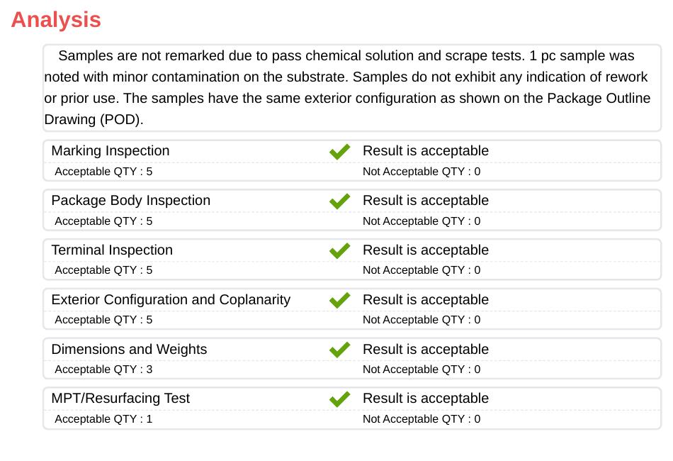 Sample visual inspection report excerpt for AD5535BKBCZ, a different device and lot